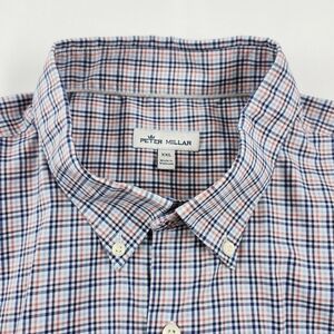 Peter Millar Button Down Shirt 2XL XXL Blue White Plaid Long Sleeve Front Pocket